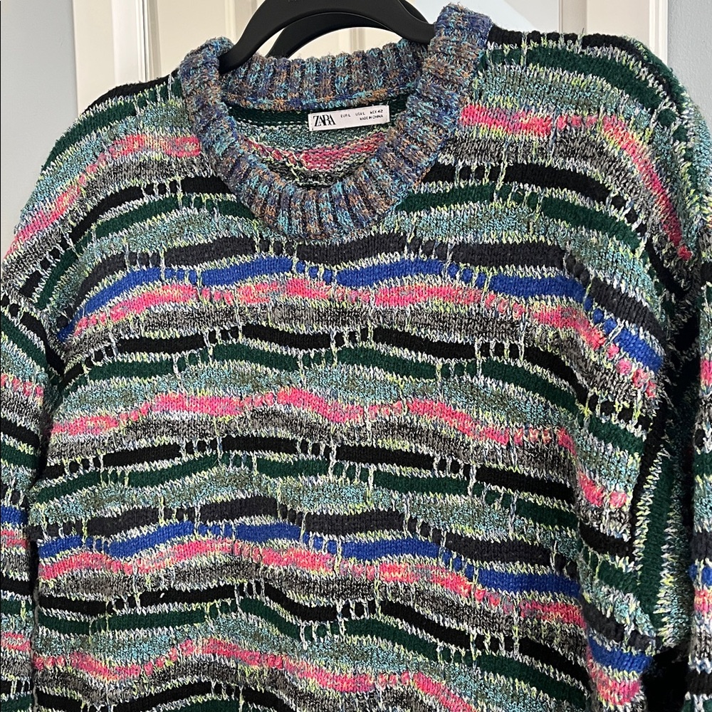 Zara Multicolor Chunky Knit Crewneck Sweater L